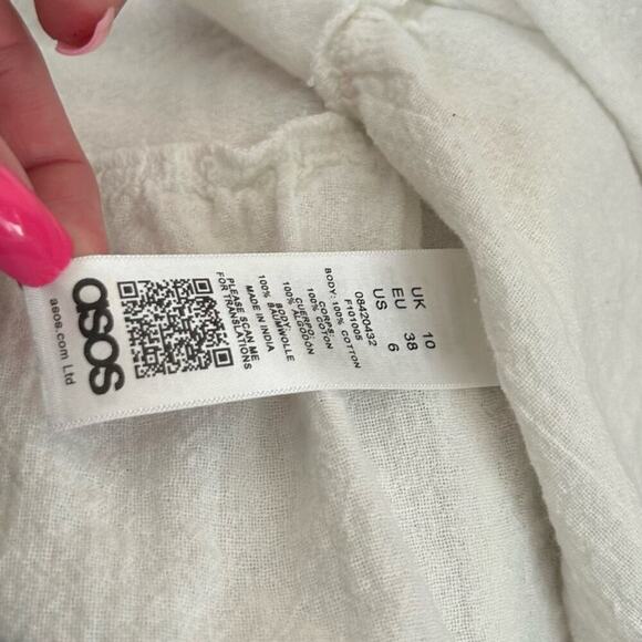 Asos blouse top flowy white 100% cotton lightweight V-neck tie 3/4 sleeve SZ M - Picture 7 of 9